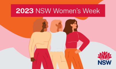 Illustration of three women facing to the right with text reading '2023 NSW Women's Week'