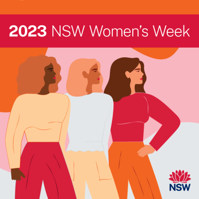 Illustration of three women facing to the right with text reading '2023 NSW Women's Week'