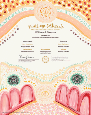 Balgaarramba Miinggi (Open your heart) commemorative marriage certificate.