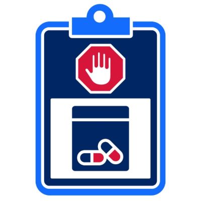Pictogram of a hand stop sign and small quantity of drugs