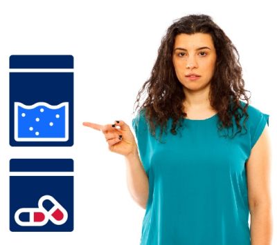 Image of lady pointing to pictogram of amounts of drugs