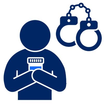 Pictogram of a person holding drugs with hand cuffs 