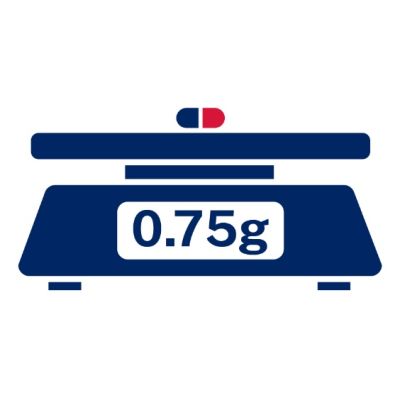 Pictogram of scales weighing small packet of drugs showing 0.75g