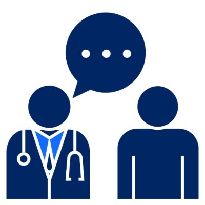 Pictogram of medical professional with stethoscope and 2nd person with speech bubble 