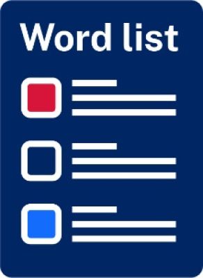 Pictogram of the Easy ready logo of a word list with coloured boxes and examples of paragraphs beside