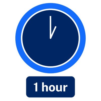 Pictogram of clock on 1pm with 1 hour call out box