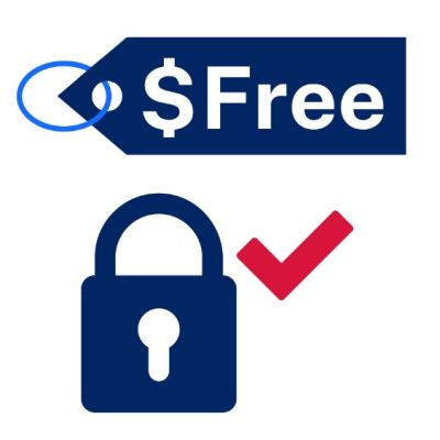 Pictogram of price tag with $ free and padlock with red tick