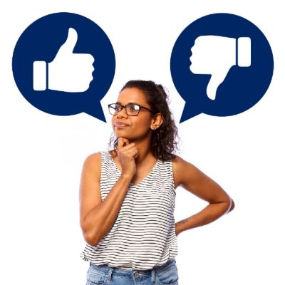 Image of person in a thinking stance with thumbs up thumbs down icons
