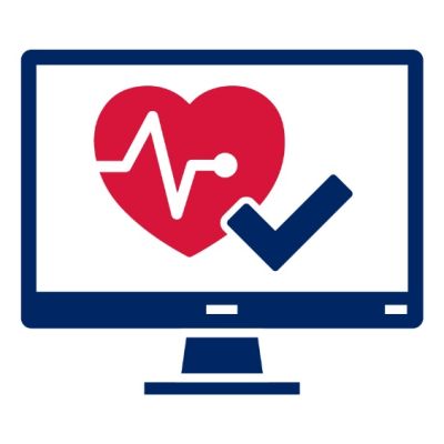 Pictogram of computer screen showing red heart and tick icon