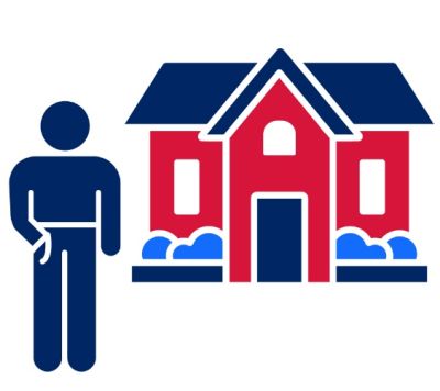 Pictogram of a person holding drugs standing outside a house