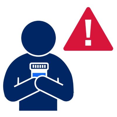Pictogram of person holding a small bag of drugs with red alert icon