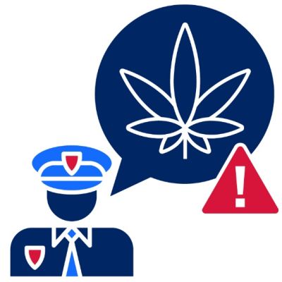Pictogram of Police offer and a marijuana leaf with a red danger alert icon