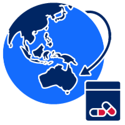 Pictogram of world globe showing Australia with an inward arrow and a small packet of drugs