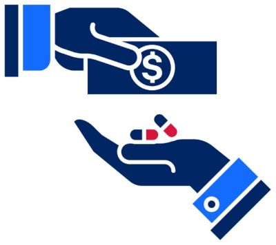 Image of two hands in exchange of money and a small pile of drugs
