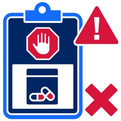 Pictogram of stop hand over a small pile of drugs with red alert icons 