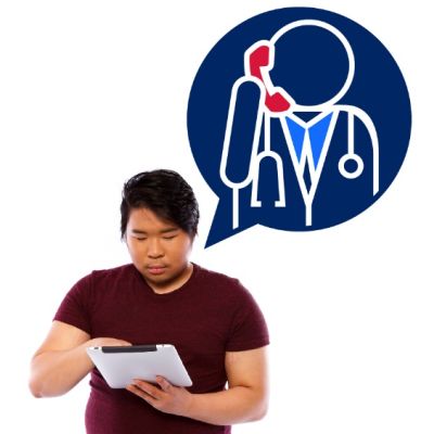 Image of person using an iPad with a medial professional icon in a thought bubble