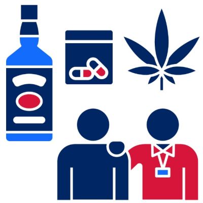 Pictogram of one person comforting each other surrounded by drugs and alcohol