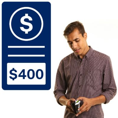 Image of man opening a wallet and a icon of a $400 fine