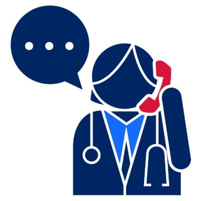 Pictogram of person holding a phone wearing Drs stethoscope and speech bubble 