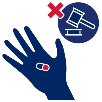 Pictogram of hand holding a small quantity of drugs and court gravel