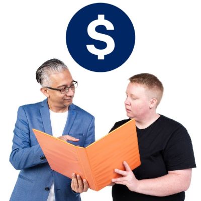 Image of a person holding a folder showing the other person with a dollar sign icon 