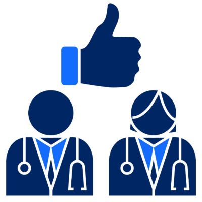 Pictogram of hand with thumbs up and two health care professionals wearing stethoscopes