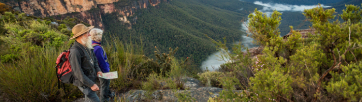 A senior couple viewing the blue mountains while bushwalking.