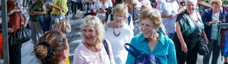 Crowd of older people looking excited and engaged as approach seniors festival entry