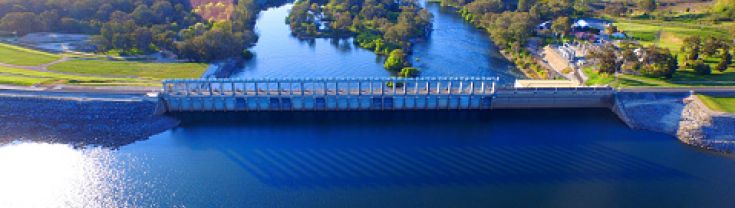 Aerial view of bridge and water at start of Hume Weir, Murray River, Albury NSW