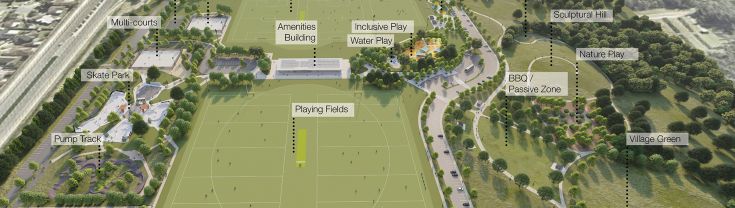 Birds eye view of Artist impression of Penrith's new sports and recreation district