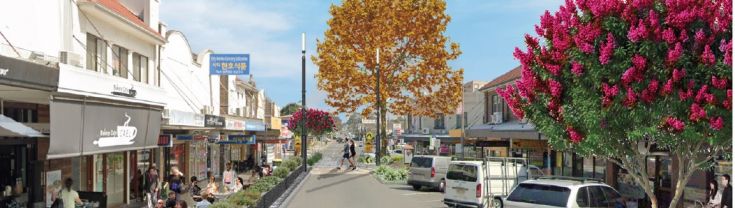 Artist impression of glorious high street in Cumberland with tree blossoming birght pink petals in the foreground