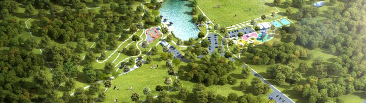 Artist impression of bird eye view of Hawkesbury River outdoor complex with hundreds of green trees, manmade lake, sports field and cabins