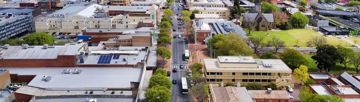 Aerial overhead view along Dean street in rural regional town of New South Wales - Albury. A town at NSW-Victoria border along Hume highway.