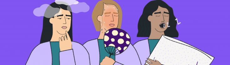 An illustration of three women experiencing tiredness, hot flushes and brain fog - all symptoms of perimenopause or menopause