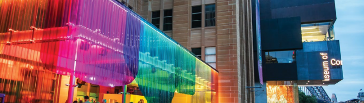Coloured lights adorn entertainment area beside Museum Contemporary Art NSW