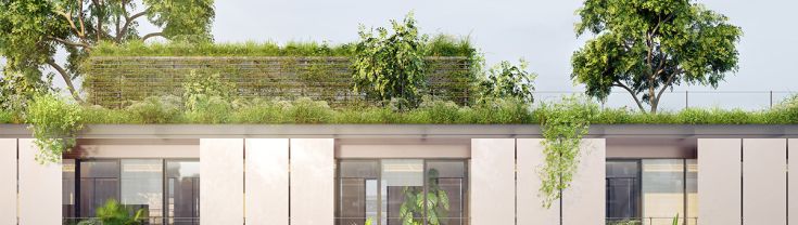 Apartment building with trees and plants on roof