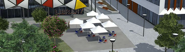 A 3D visualisation of Oran Park Library and outdoor space, made in the Envisioning in 3D project.