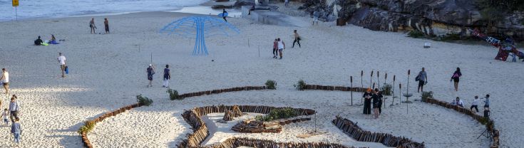 Installation view - Nicole Monks, Charles Madden, Kristine Townsend, Teresa Gay and nhurra ‘gawura guruwin / burna nhurra’ at Tamarama Beach at Sculpture by the Sea 2019