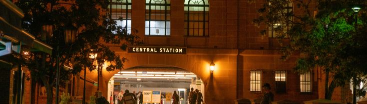 The entrace to Central Station from Eddy Avenue at nighttime
