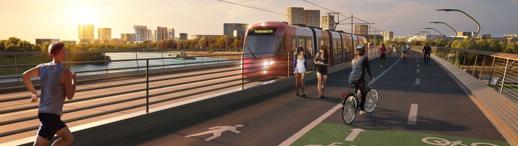 Artist's impression of bicycle lanes and shared paths along the Parramatta Light Rail.