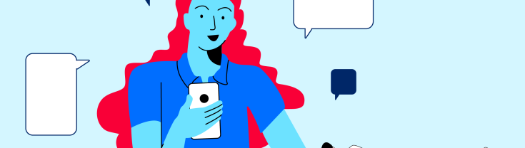 A cartoon image of a woman looking at a phone surrounded by text bubbles