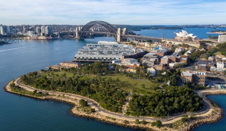 An aerial view of the Barangaroo reserve. The Sydney Harbour Bridge is in the background.