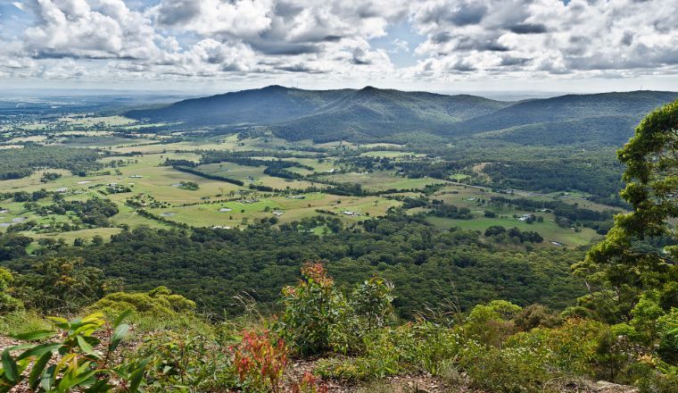 A wide view of the SugarLoaf Range in Brunkerville, NSW on a sunny, but overcast day.