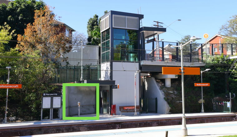 An image of the new accessibility upgrades at Wollstonecraft train station. A fluorescent green square on the image, highlights the area selected for a proposed art mural installation.