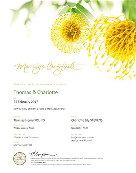 Floral yellow commemorative marriage certificate.