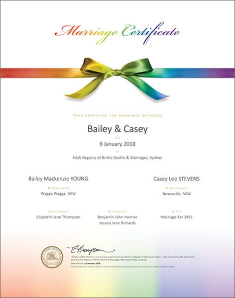 Rainbow bow commemorative marriage certificate.