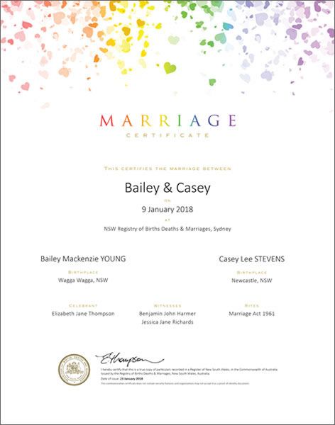 Rainbow confetti commemorative marriage certificate.