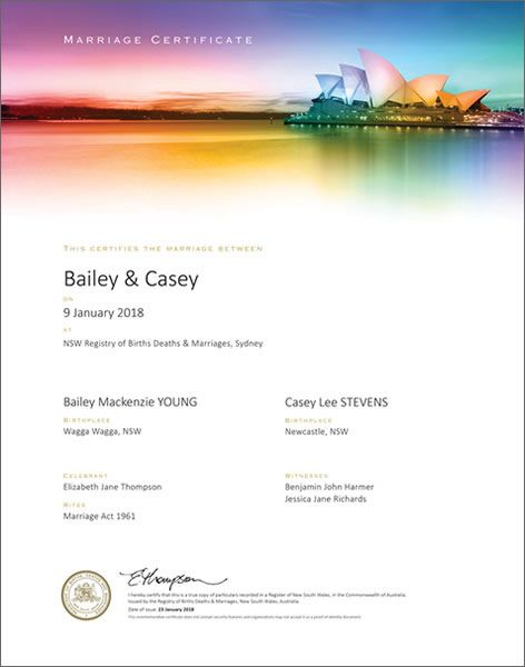 Rainbow Opera House commemorative marriage certificate.