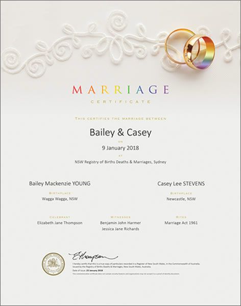 Rainbow rings commemorative marriage certificate.