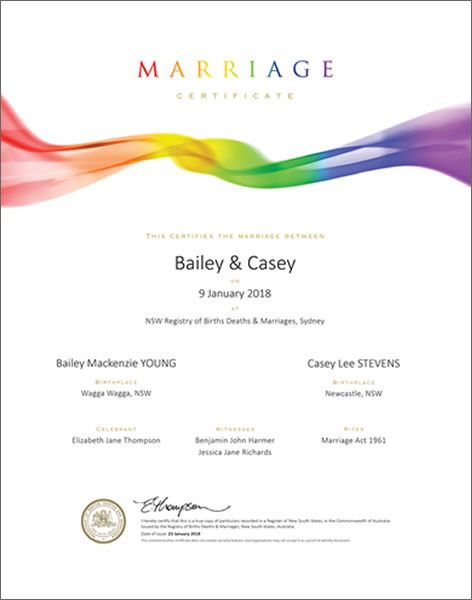 Rainbow swirl commemorative marriage certificate.